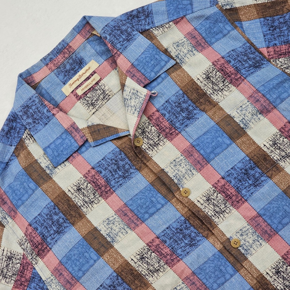 Tommy Bahama Shirt Mens Large Blue Red Plaid Silk Original Fit Camp Hawaiian